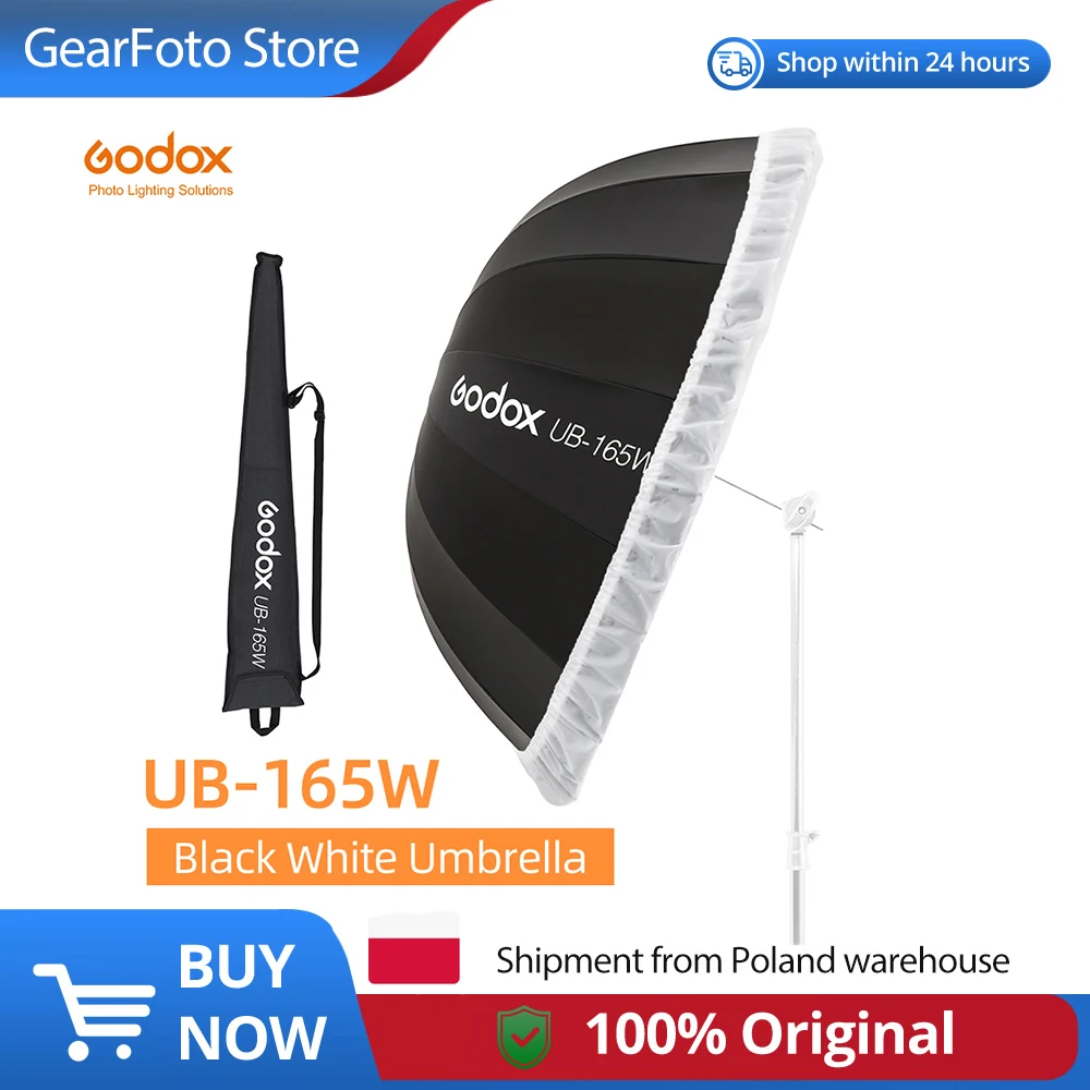 Godox UB-165W, 165 cm, parabolische studio-paraplu met zwarte en witte reflector en diffuser.