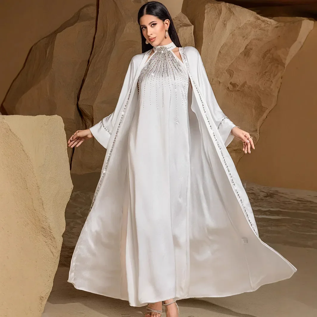 Ensemble deux pièces blanc pour femmes musulmanes, Kimono Abaya dubaï, Kaftan arabe, Robe de soirée en diamant, Caftan marocain Eid Ramadan