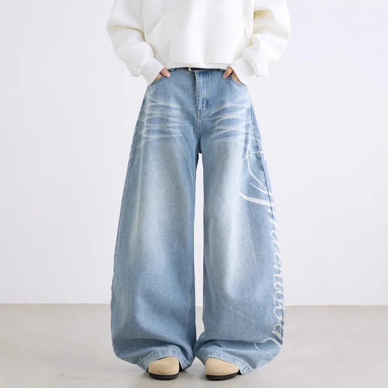 الأمريكية الرجعية واسعة الساق الجينز النساء خطابات طباعة Y2k الجينز الشارع الشهير السراويل الفضفاضة الهيب البوب الدنيم السراويل أزياء النساء الملابس