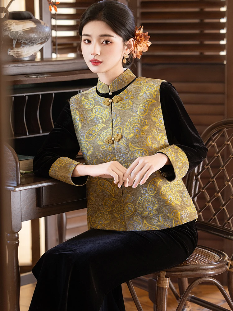 

Ele Long Sve Young Sle Improved Qipao Vest Set New Chinese National Sle High Collar Breathable Comfortable Long Qipao