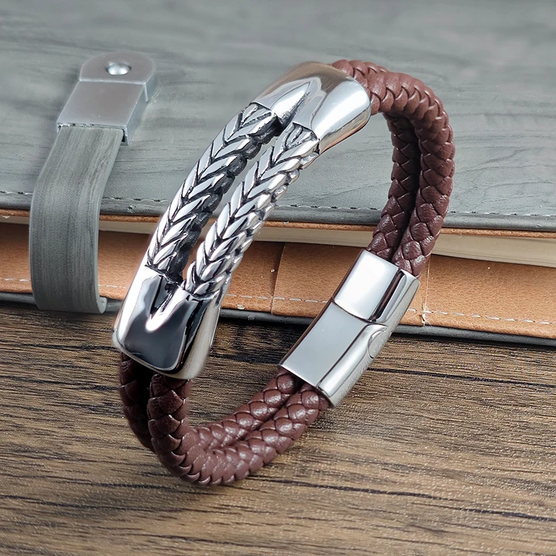 

Luxury Retro Double Leather Men's Bracelet Cuban Grain Ear Shape Chain Bracelet Stainless Steel Jewelry Bracelet Birthday Gift