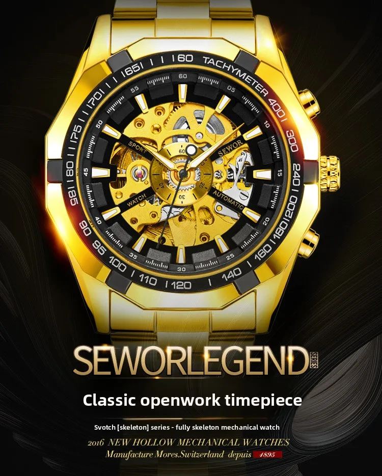 Stainless Steel New Gold Full Skeleton Spiral Crown Tourbillon Luminous Waterproof Self-Wind Automatic Watch for Men