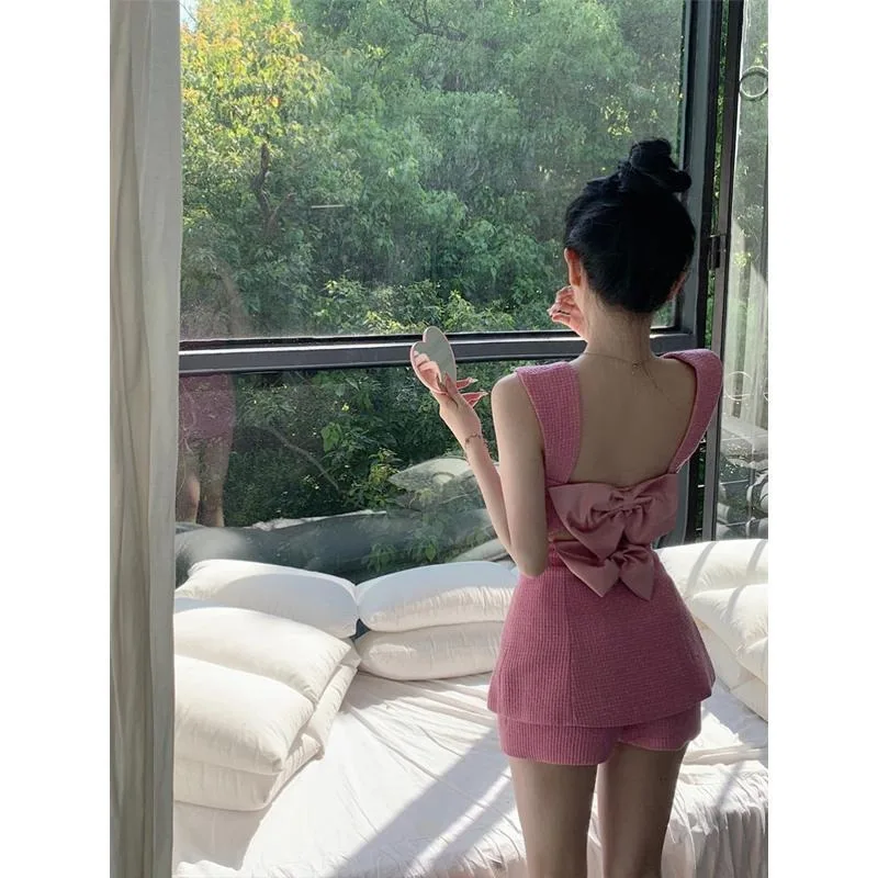 Spicy Girl Fashion Bow Backless Suspended Top Shorts Two Piece Set Women Diamond Collarbone Sleeveless Solid Slim Summer Wear