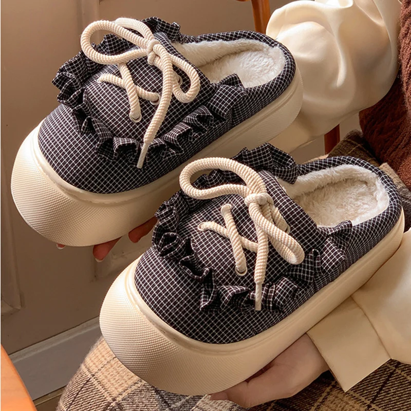 Thick Platform Women's Plush Slippers Winter New Gingham Lace Up Warm Slippers Indoor Home Casual Cotton Shoes Woman