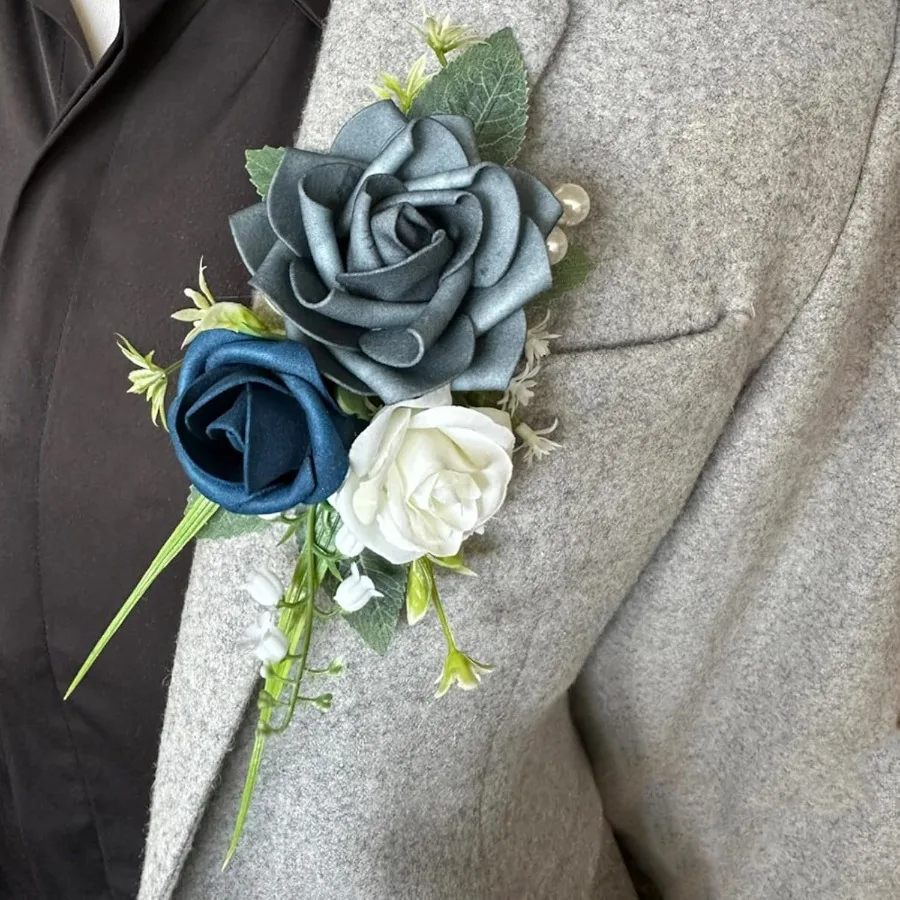 Boutonniere de bolso com flores de rosa azul empoeirado para homens, perfeito para casamento, noivo e padrinhos, ideal para baile de formatura, jantares formais, aniversário