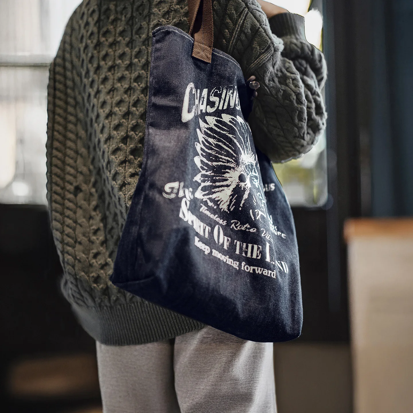 

Винтажная джинсовая сумка Maden унисекс, большая повседневная сумка на плечо, индийская сумка с тотемным принтом, синяя повседневная сумка для переноски