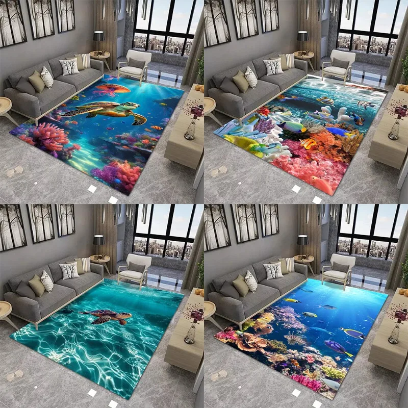 

Fish Sea Turtle Print Large Area Rug Non-Slip Wear-resistant Carpet for Living Room Bedroom Soft Floor Easy Clean Mat Home Decor