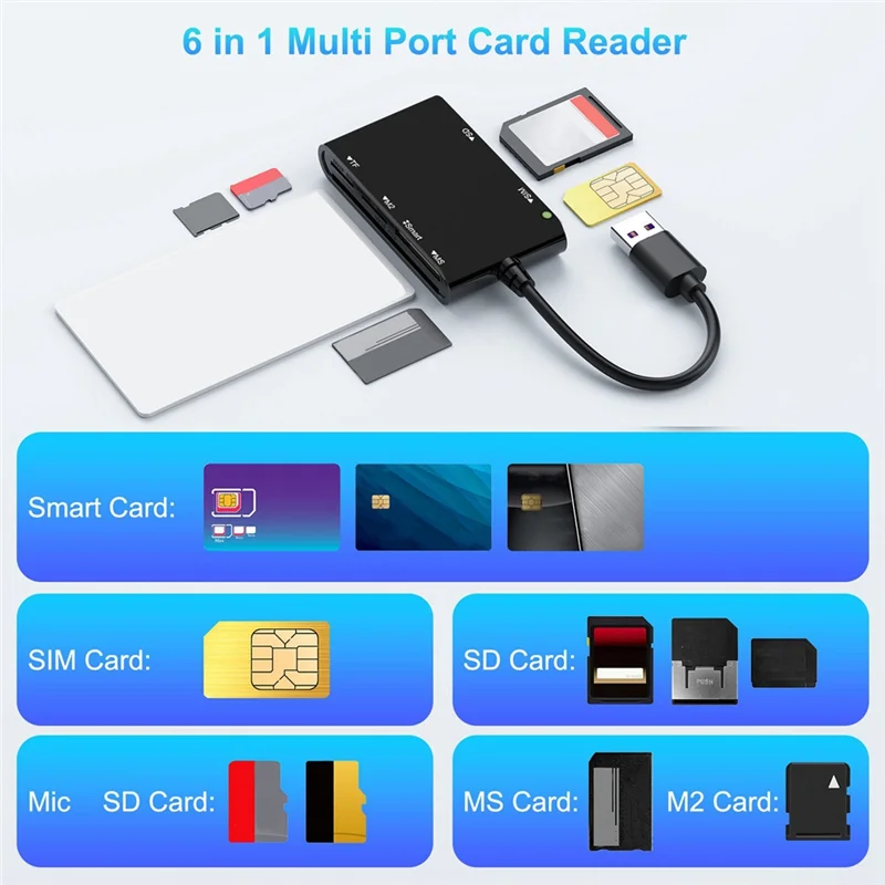 USB 3.0 Multi Card Reader 6 In 1 Smart/MS/M2/TF/SIM/SD Picture Card Reader USB3.0 Card Readerabgi