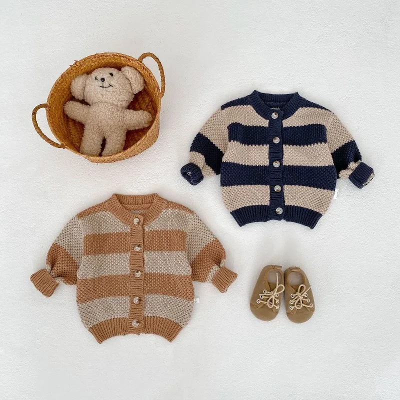 

HoneyCherry New Spring Collection: Kids' Loose Striped Cotton Knit Cardigan, Versatile Spring Sweater Coat Girls Sweater