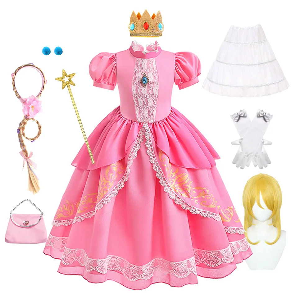 2023 Girls Princess Dress Peach Cosplay Costume Children Halloween Christmas New Year Disguise Kids Pink Birthday Vestidos Party
