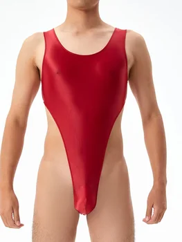 男性用のセクシーなレオタードランジェリー,睡眠服,伸縮性のあるシェイパー,Uバルジポーチ,オイル,シルキー,ハイカット,男性用タイツ