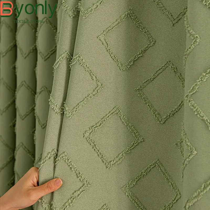 

Customized Flocked Fringed Matcha Green Cotton Linen Lattice Curtains for Living Room Floor Curtains Bedroom Window Partition