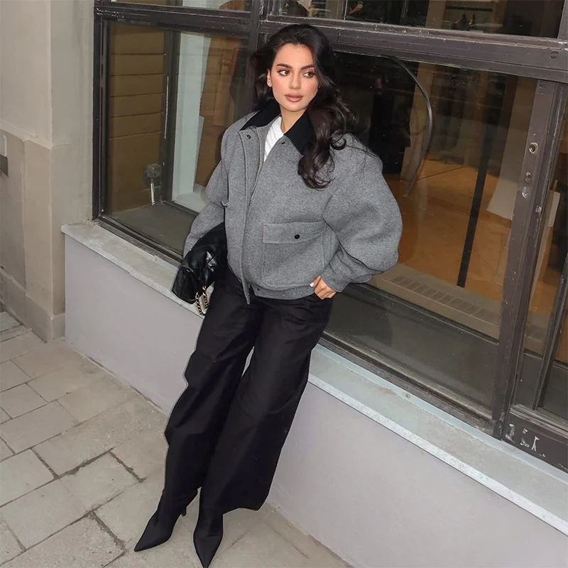 Panzerkragen, lange Ärmel, übergroße Wollmäntel für Damen, Street-Style, umklappbarer Kragen, Reißverschluss, lockere Jacken, modische Damen-Oberbekleidung, neu. – Detail 5