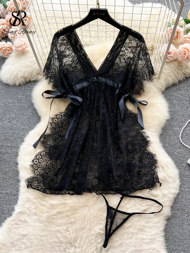

SINGREINY кружевное сетчатое чувственное короткое пижамное платье женское нижнее белье на шнуровке с разрезом ночные рубашки прозрачное эротическое сексуальное ночное платье с v-образным вырезом
