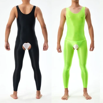 จั๊มสูทสำหรับผู้ชายชุดนอนหนึ่งชิ้นชุดบอดี้สูทผ้ายืดสีพื้นเรียบน้ำมันเซ็กซี่