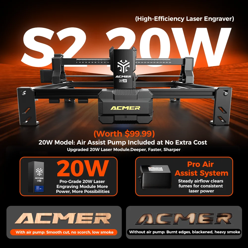 Acmer S2 Lasergraveermachine 20W 12/7/4W 300x300mm Werkgebied LightBurn CNC-machine Compatibel voor Hout/Leder/Cadeauproductie Plug&Play
