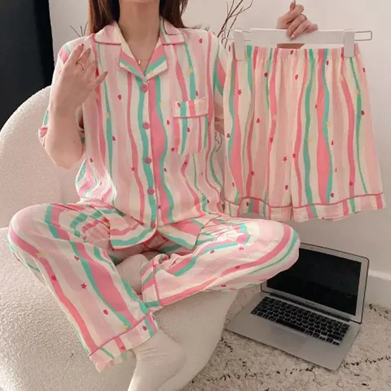

Women's Three-Piece Pajamas Loungewear Cloud Cotton Female Summer Sweet Princess Style Short-Sleeved Shorts Trousers Loungewear