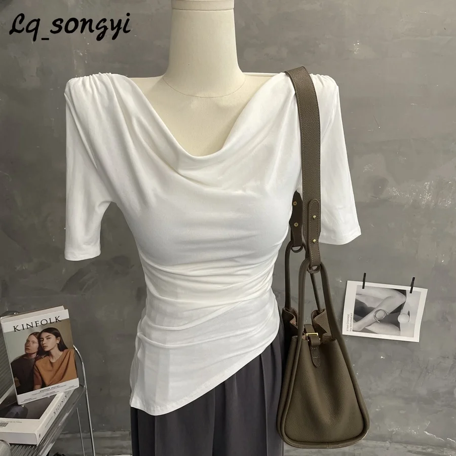 Lq_songyi-camisetas de manga corta con cuello plisado para mujer, Tops Pop coreanos, Top alto Irregular para mujer, camiseta elegante ajustada 2024