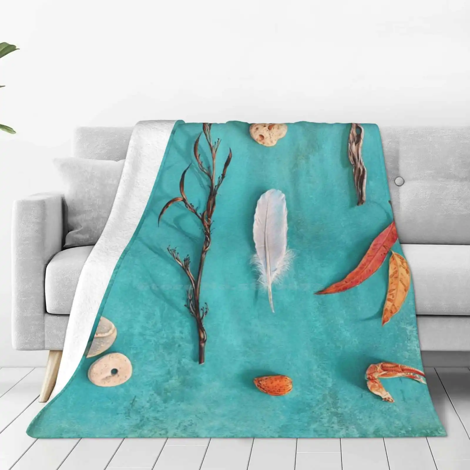 Sea , Land & Sky New Arrival Fashion Leisure Warm Flannel Blanket Stones Pebbles Shells Driftwood Leaf Feather Nature Still