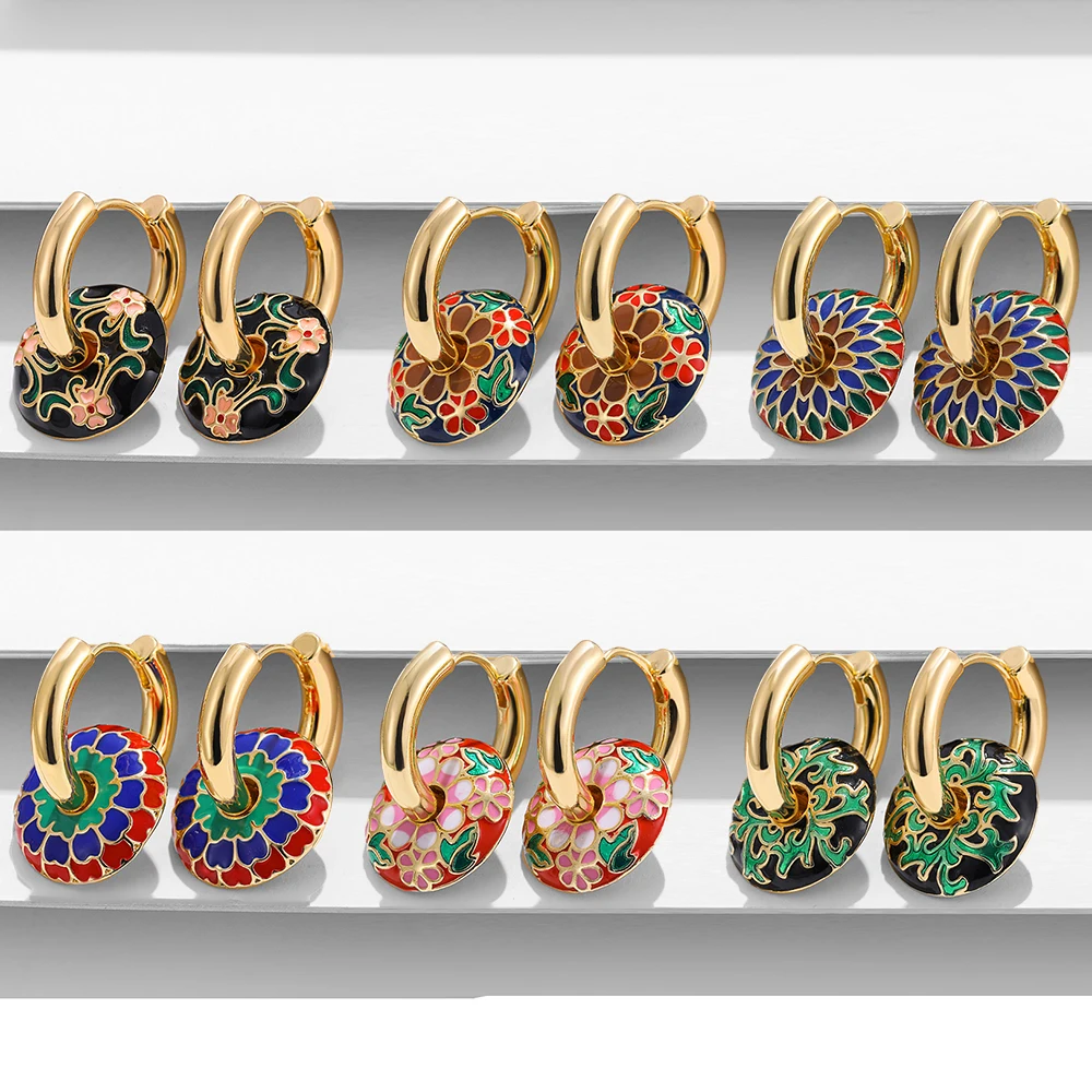 Emaille-Blumen-Tropfenohrringe für Frauen, 18 Karat vergoldeter Edelstahl, runde, klobige Creolen, Vintage-Schmuck, Geschenke