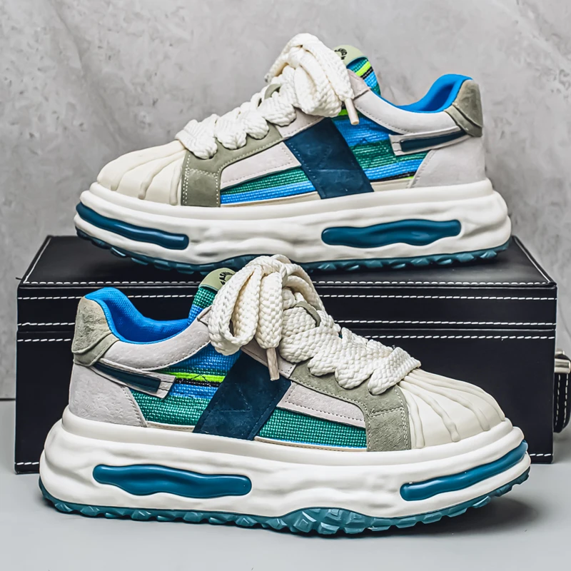 Men's Shell-Toe Casual Sneakers, Featuring Thick Braided Shoelaces, Plaid Patchwork, Retro Color-Blocking, Thick Soles for Height Increase and Cushioning, Casual Trendy Design, Lightweight on the Feet, Suitable for Daily Commuting and Street Wear, Effortlessly Creating a Stylish Look for Men.