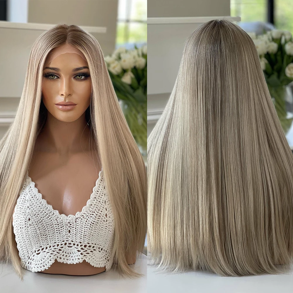 

Grey Ashy Blonde Highlights Full Lace Wigs Silky Straight Real Human Hair Wig Thick 200% Glueless HD 13x6 Lace Frontal Wig