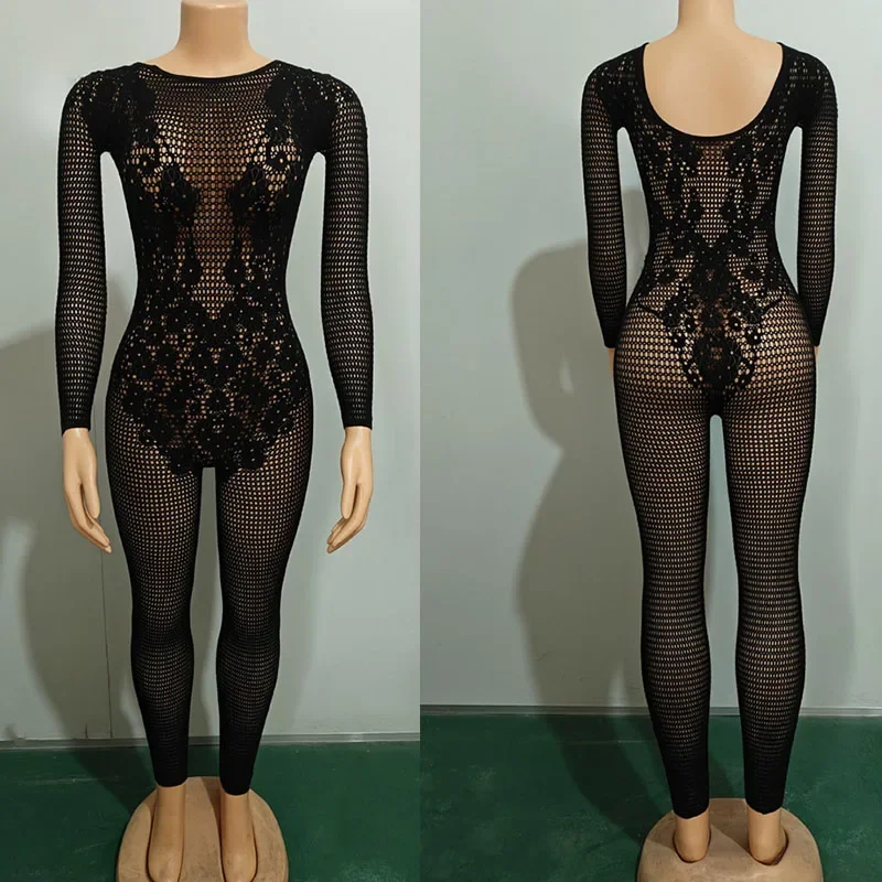 ตาข่ายดูผ่านBodycon Romperผู้หญิงJumpsuitเซ็กซี่คลับชุดMidnight Hollow OutผอมแขนยาวOneชิ้นOveralls