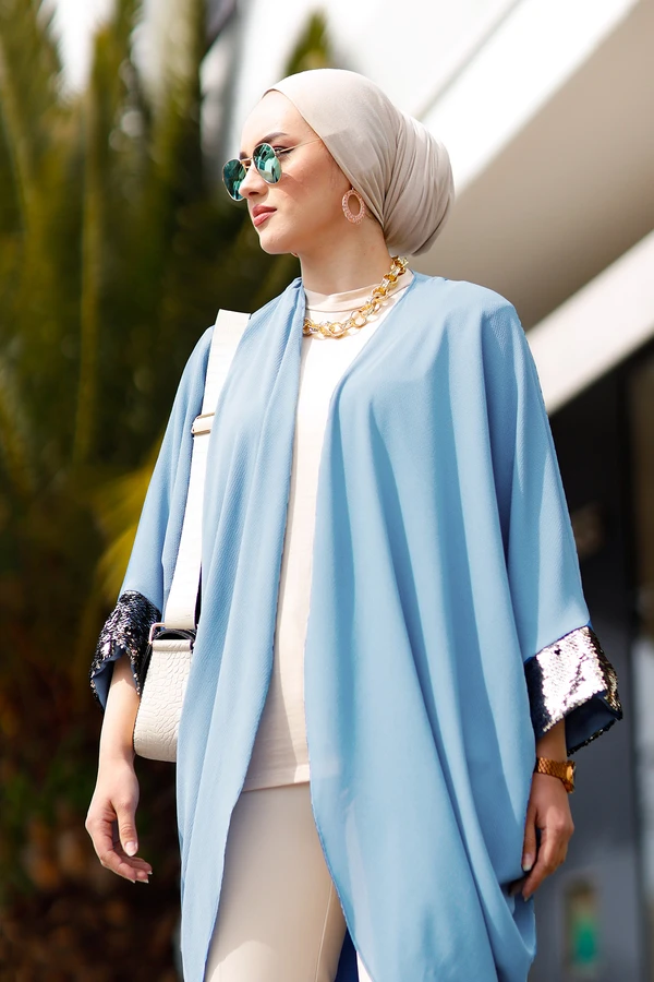 Damen Pailletten Pailletten Kimono outfit für Muslimische Frauen Blau Strickjacke İslamic Muslimischen Turkiye