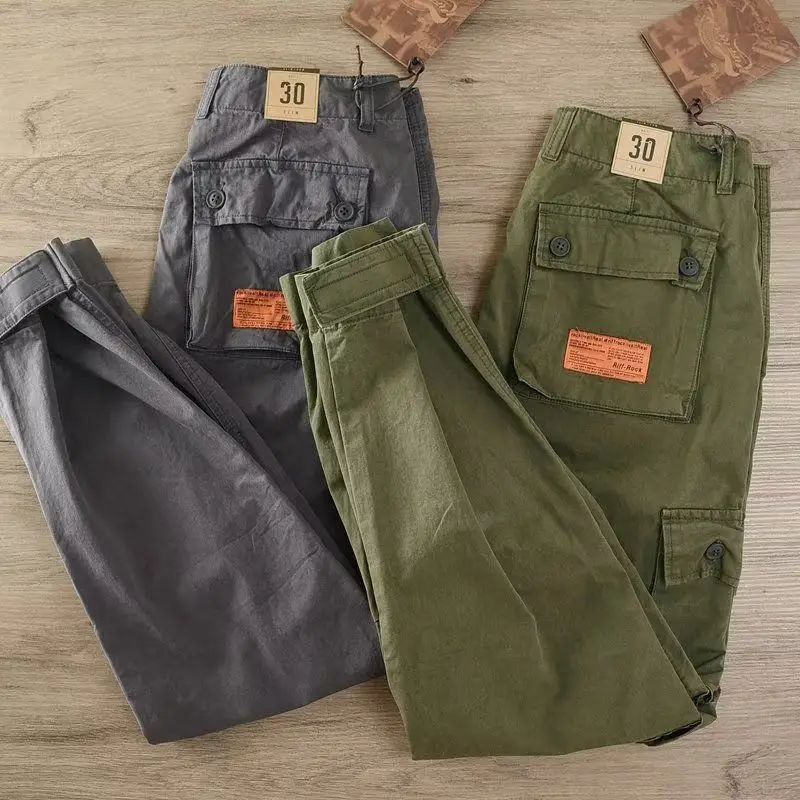 ฤดูใบไม้ผลิฤดูใบไม้ร่วงใหม่แฟชั่น Elastic High เอวเสื้อผ้าผู้ชาย Casual Pocket All-Match แนวโน้มเกาหลีเรียบง่ายกางเกง Cargo