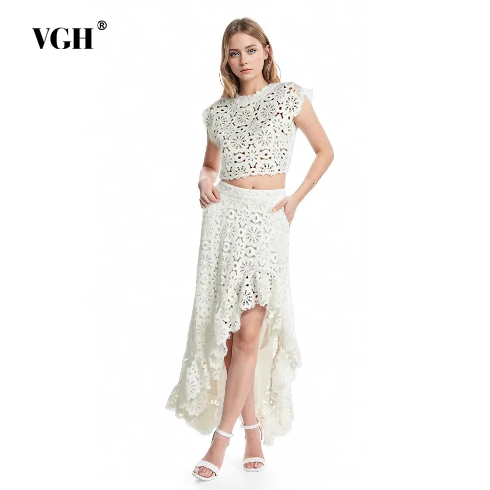 

VGH Casual Spliced Lace Two Piece Sets For Women Round Neck Sleeveless Top High Waist Irregual Hem Long Skirts Solid Set Female