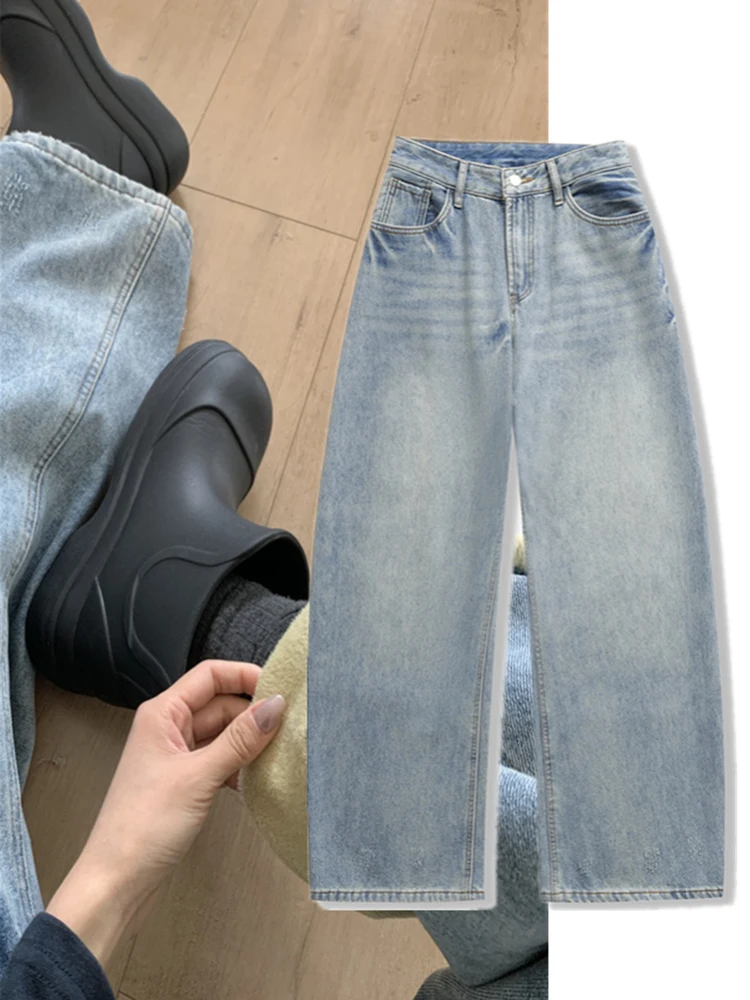 

Зимние джинсовые джинсы в стиле ретро, женские свободные джинсы с низкой талией, синие, с заниженной талией, удобные широкие длинные брюки Fce