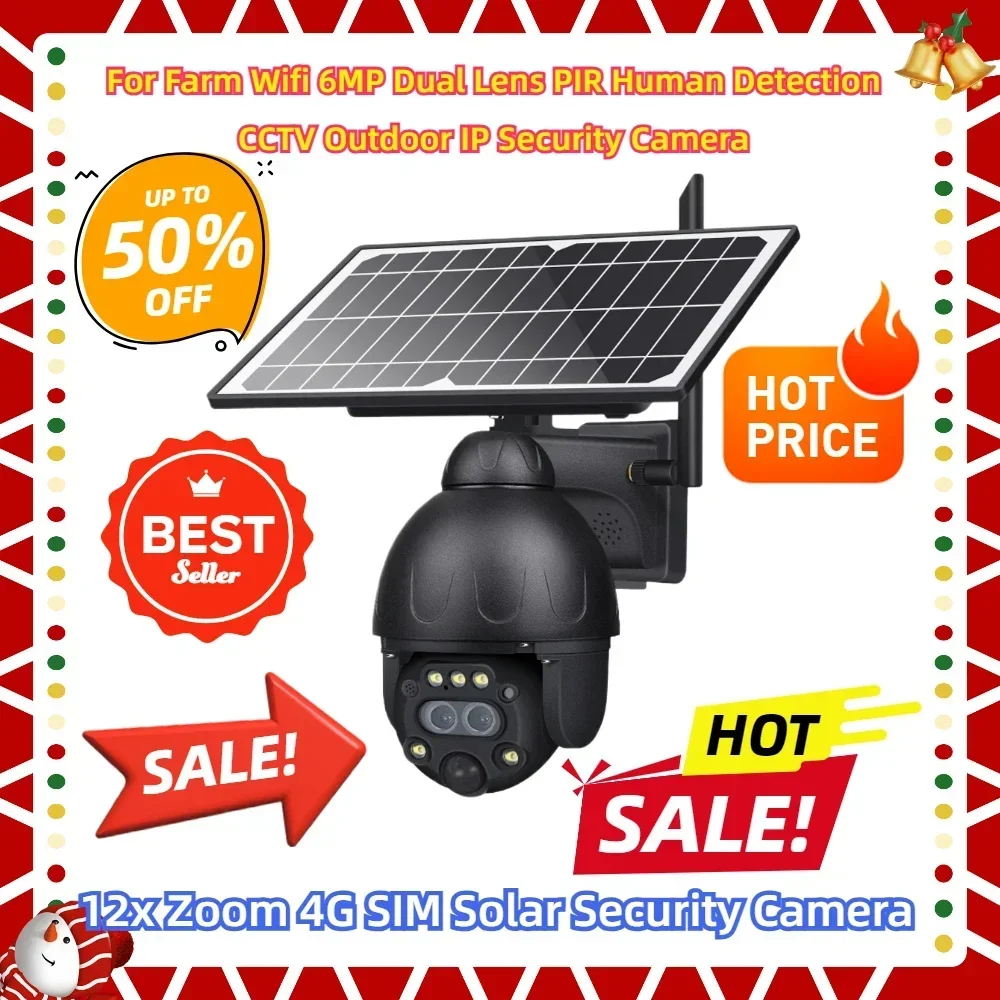 

For Farm Wifi 6MP Dual Lens PIR Human Detection CCTV Outdoor IP Security Camera 12x Zoom 4G SIM Solar Security Camera