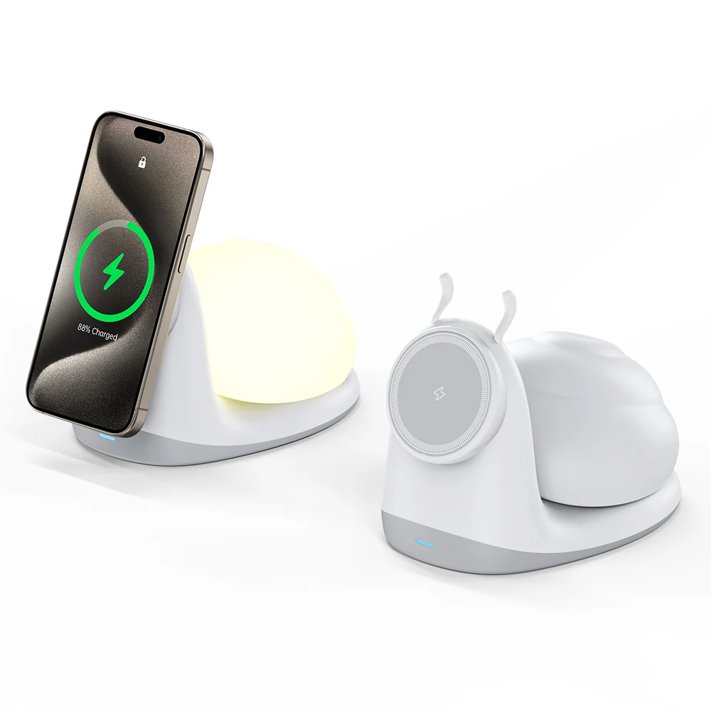 

15W Soft Snail Wireless Charger Desk Stand 3-Mode Tap Night Light Detachable Shell Gentle White Glow Compact Design Gift Friends