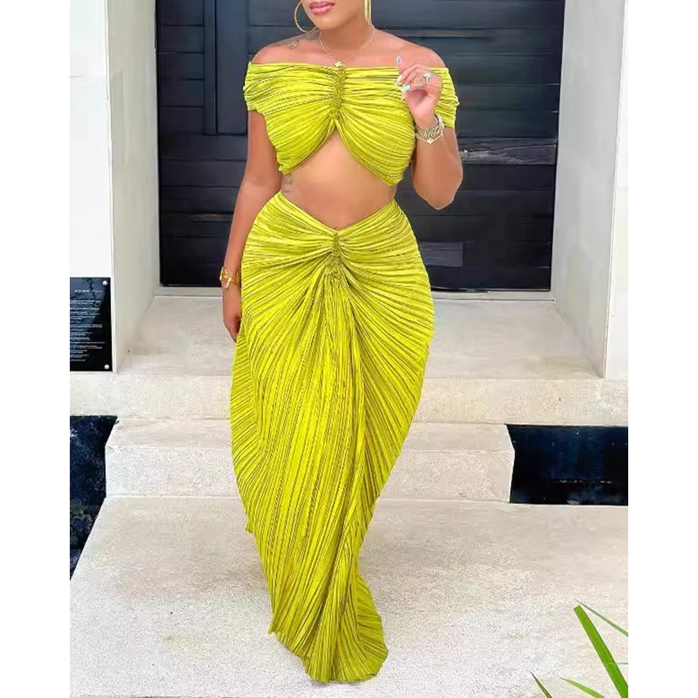 Two Piece Set for Women Summer Pleated Off Shoulder Crop Top & Maxi Skirt Sets Robe Longue Femme Two Pieces Dress Set Rope y2k