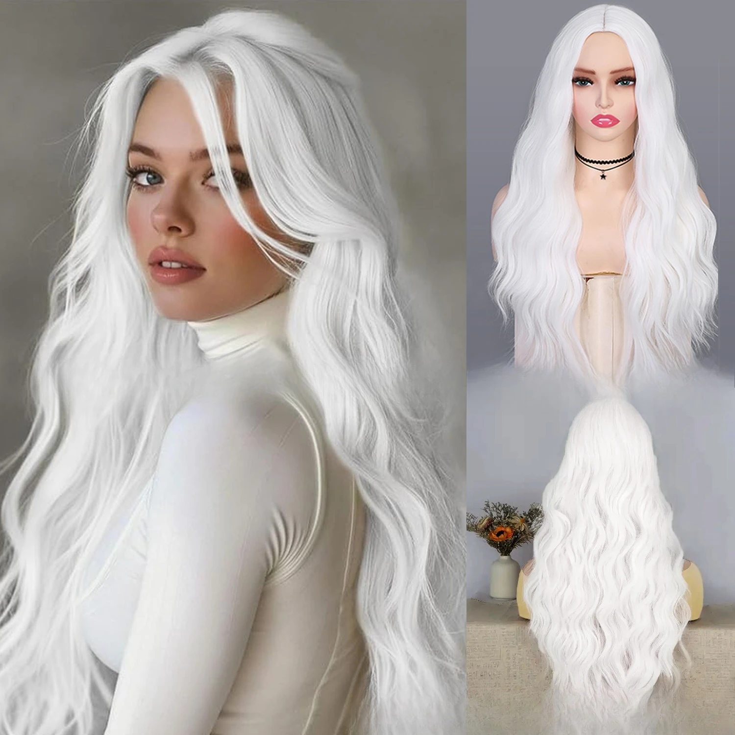 

European and American women's wigs, headgear temperament, white long curly hair, festive dress, cos