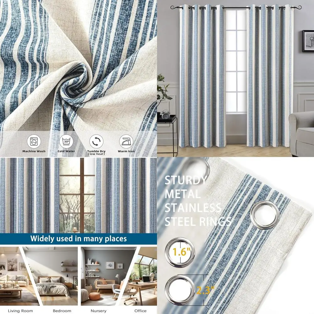 

Thermal Insulated Jean Navy Striped Curtains, 84 Long, for Bedroom & Living Room with Sound Reduction