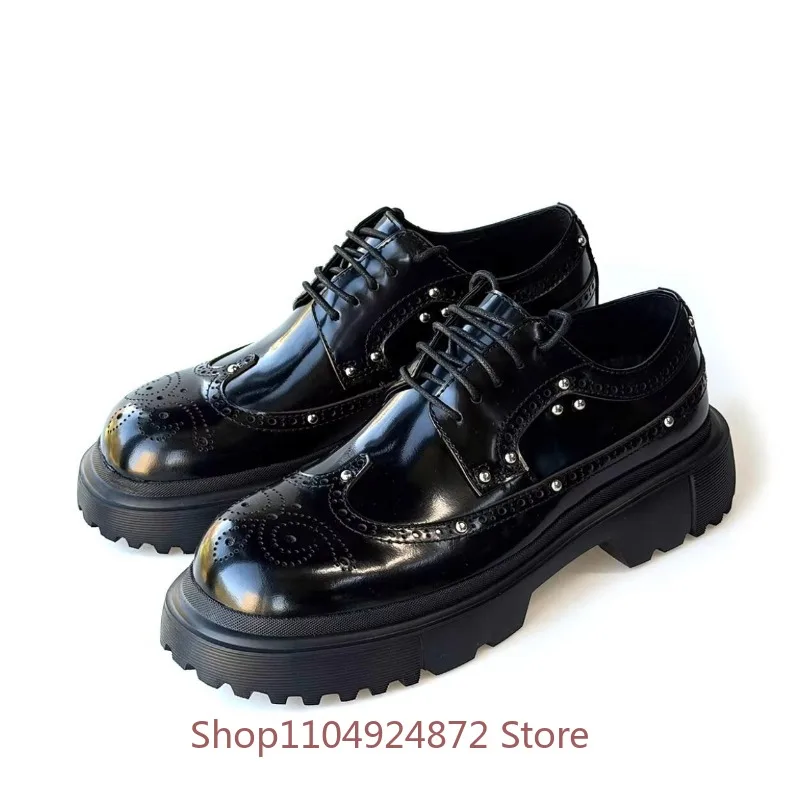 New Height-Increasing Casual Leather Shoes Rivets Brogue-Style Black Carved Cowhide Men Shoes