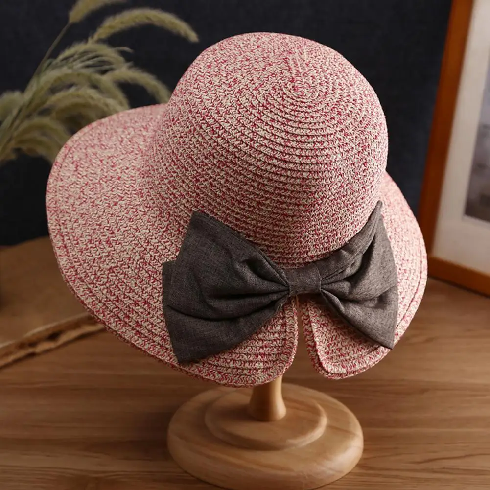 

Straw Hat Bowknot Decor Wide Brim Foldable Summer Hat Sun Protection Lightweight Outdoor Travel Sun Hat Sunshade Accessory Beach
