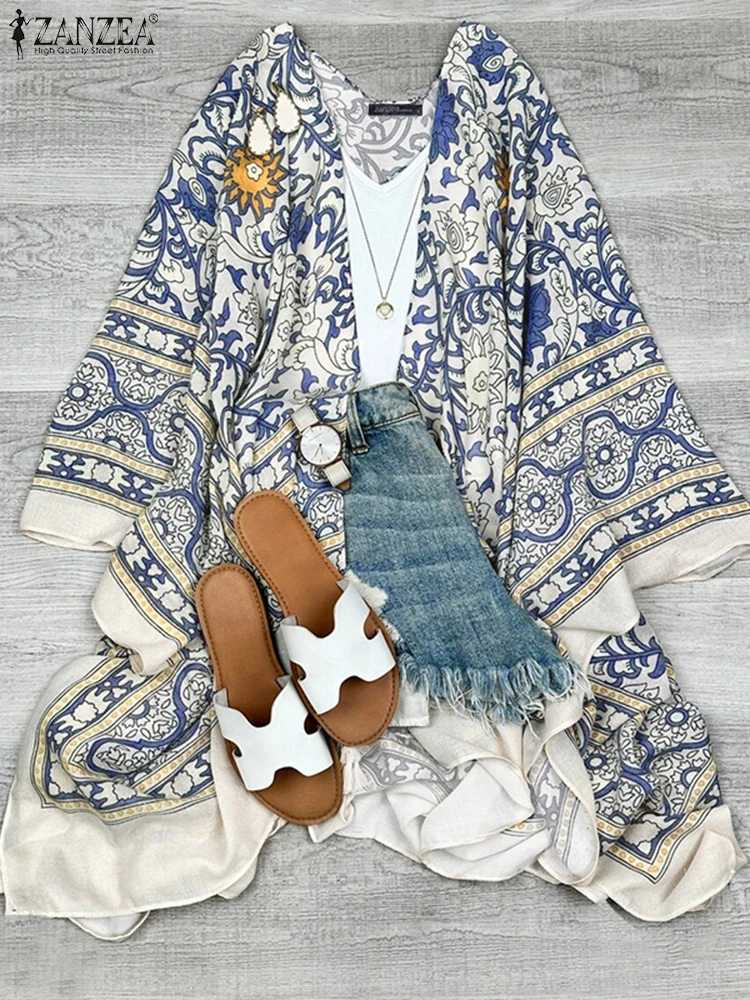 ZANZEA-Camiseta bohemia para vacaciones para mujer, ropa de día con cuello en V, Top de manga 3/4, cárdigan Vintage con estampado Floral y frente abierto para verano 2025