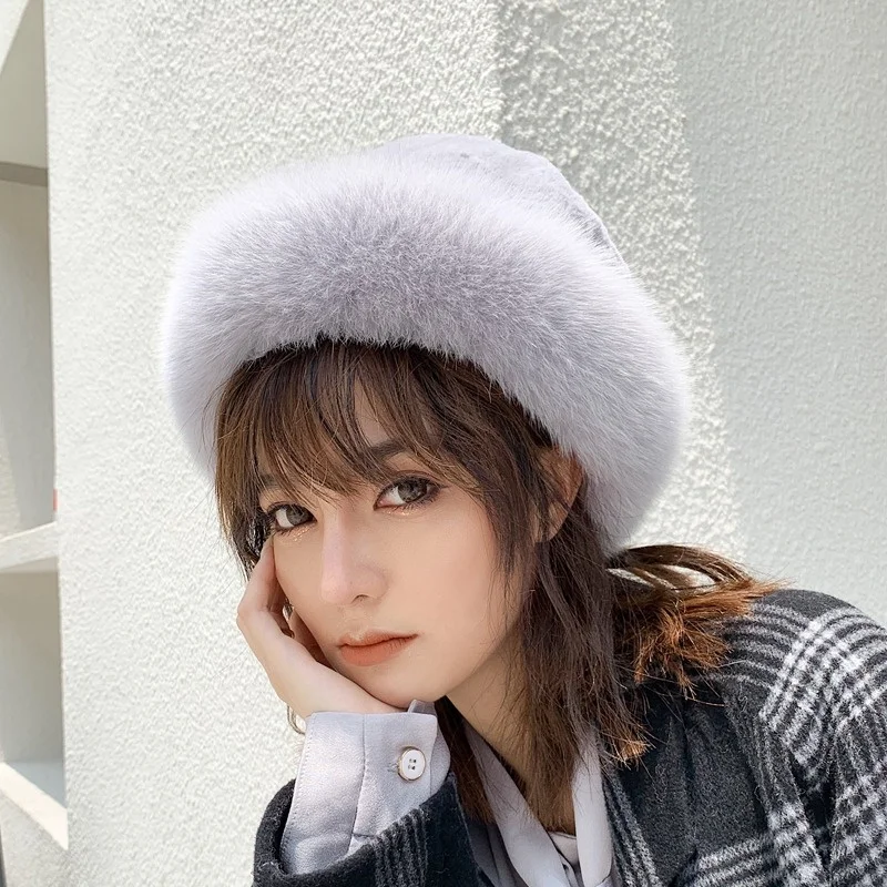 

Ladies Luxury Rex Rabbit Fur Thermal Hat Fox Fur Brim Decorated Stylish Basin Hat Winter High Quality Cute Style Fur Hat