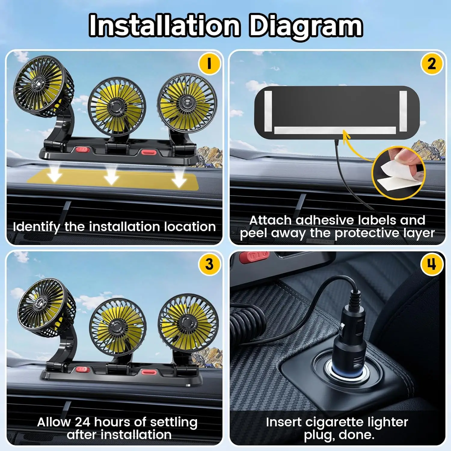 Portable 3-Head Car Cooling Fan, Fans for Vehicles Cars Trucks Dashboard (Cigarette Lighter Plug, No Battery)