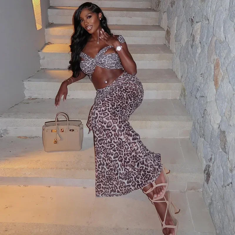 Damen-Kleid mit Leopardenmuster, Ausschnitt vorne, gerüscht, figurbetont, Midi-Maxi-langes Kleid, 2025, Sommer, Geburtstag, Urlaub, sexy Partykleider