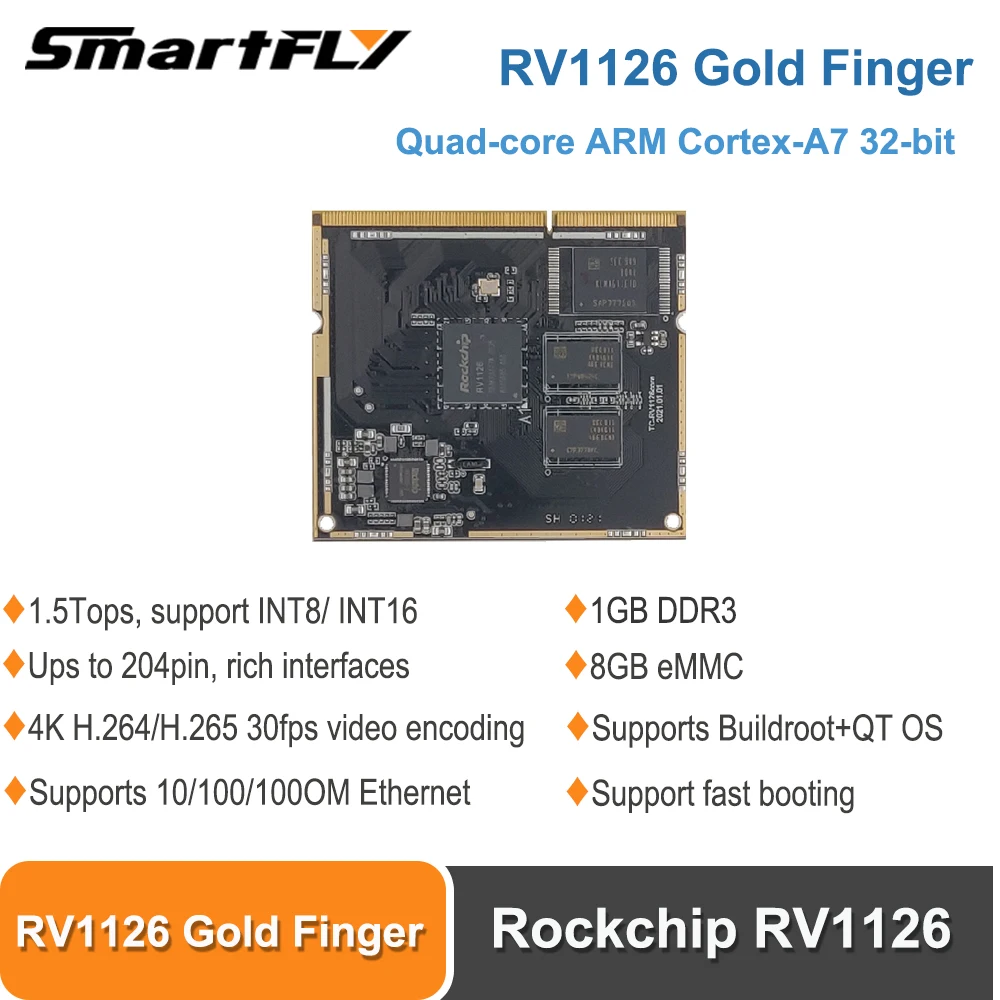 

Smartfly Rockchip RV1126/ RV1109 Gold Finger Core Board Quad core ARM Cortex A7 32 bit integra NEON & FPUtes 1G DDR3 8G eMMG