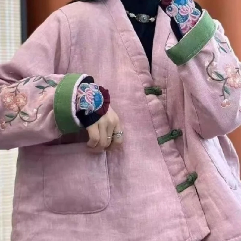 Women's Fall Winter Tops Coat Cotton Coat Embroidery Plate Button Linen Literary Retro Leisure Soft Comfortable Versatile Niche