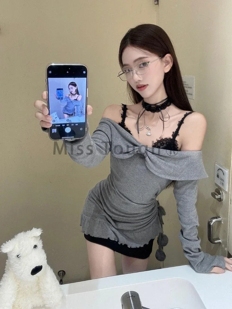 Aesthetic Y2k Lace Patchwork Dress Suit Women Sexy Long Sleeve Tops + Balck Mini Dress Sets 2000s Fashion Two Piece Sets Autumn