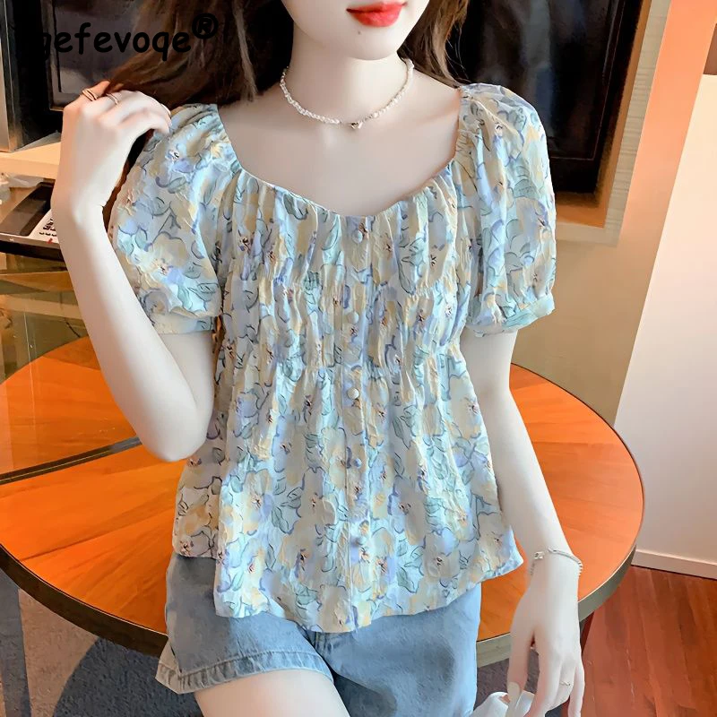 Women Ruffled Floral Print Square Collar Kawaii Sweet Blouse Summer Trendy Short Sleeve Slim Casual Shirt Korean Style Chic Tops