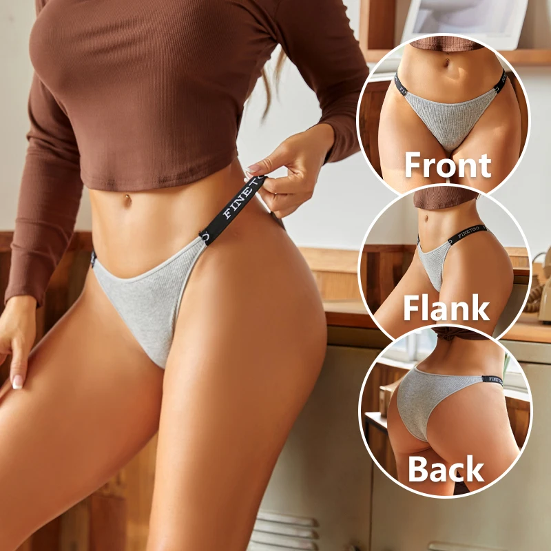 4Pcs/set Women Cotton Ribbed Striped Thongs Female Sexy FINETOO Letter Panties Breathable Underpants Low-Waist G-string Lingerie