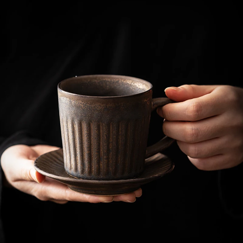 Vintage Pottery Coffee Mugs with Tray Dish Handle Mug Retro Ceramics Coffee Cup Saucer Set Photography Props Coffeeware Cups