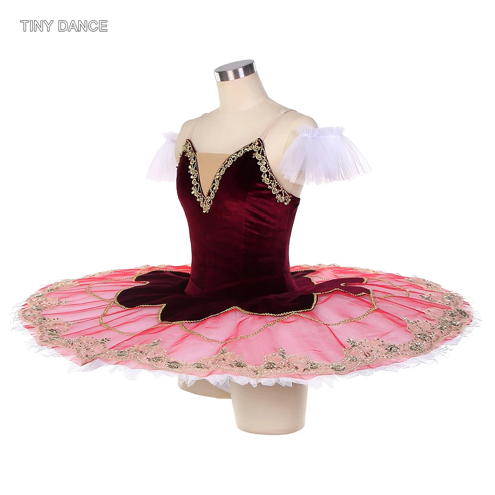 Tutú de baile de Ballet profesional para niña, traje de baile de terciopelo burdeos, faldas plisadas de tul para panqueques, ropa de baile de rendimiento para adultos