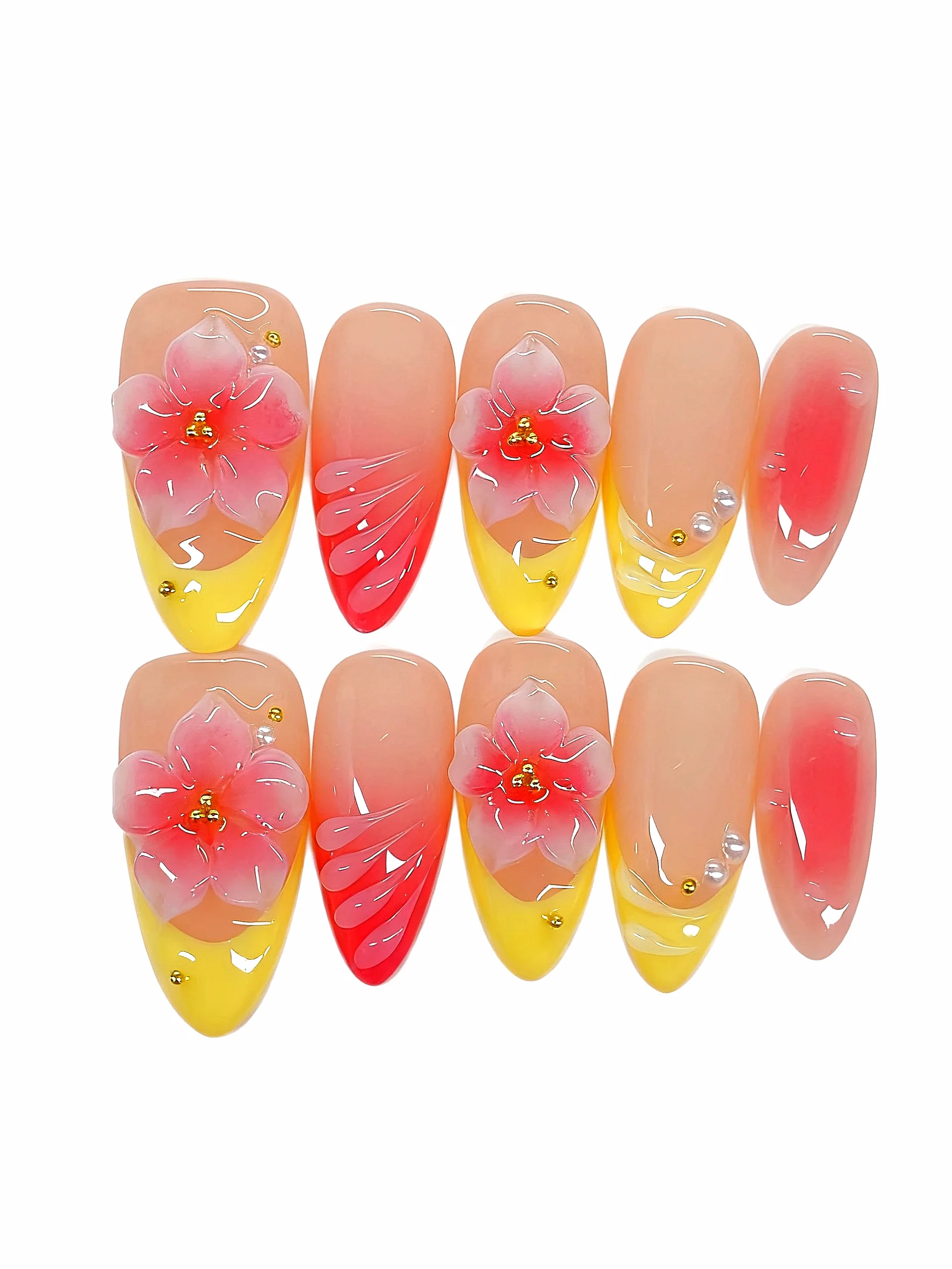 

3D Floral Press on Nails - Pink Yellow Gradient with Pearl Accents（D525）
